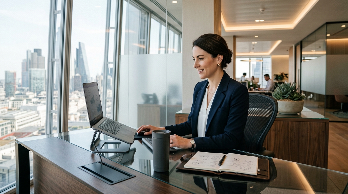 Escena de oficina moderna con kit corporativo de Soluciones El Fénix